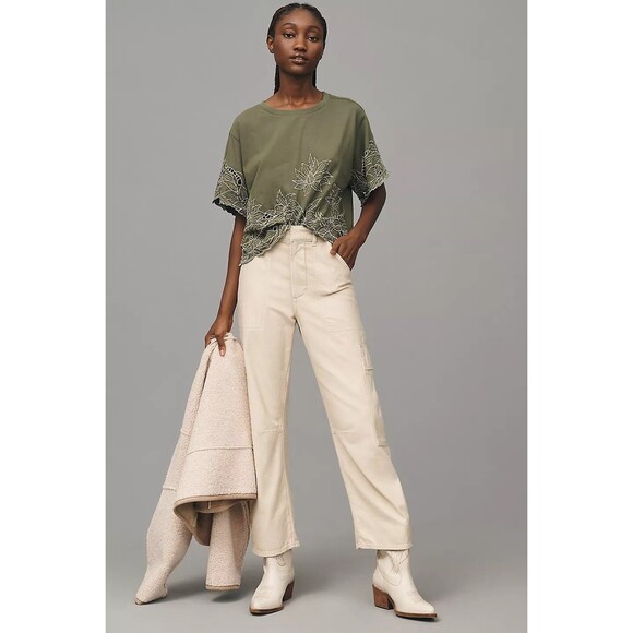 By Anthropologie Boxy Cutwork Tee Blouse Top Floral Embroidered Cotton S 280424 - Picture 3 of 10